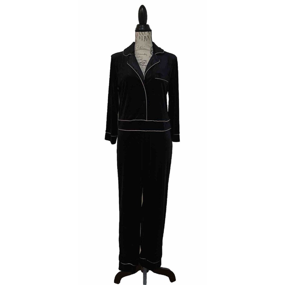 Zara Knit Black And Gold Trim Velvet Jumpsuit Size Small